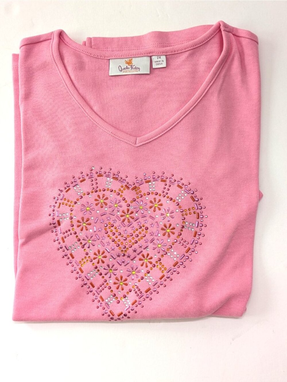 Quacker Factory Pink T-Shirt Top Size 2X V-Neck Large Rhinestone Heart